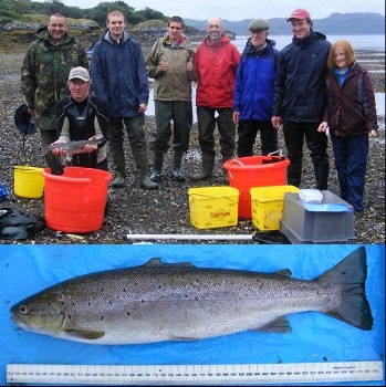WRFT Biologist and volunteers after a successful sweep in Loch Gairloch; a recaptured sea trout