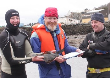Peter, Roger and Garry with a flounder which was also in the sample (photo by Ben Rushbrooke)!