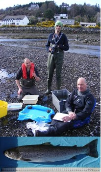 Ben Rushbrooke, Will Parry & Garry Bulmer on 11th April 2012; and the recaptured trout (see text).
